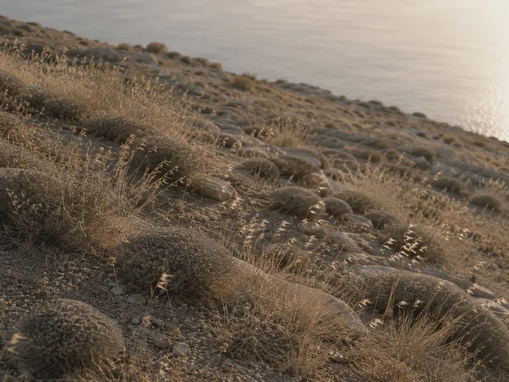 Cushion shrubs and dry grasses on a stony slope above the water