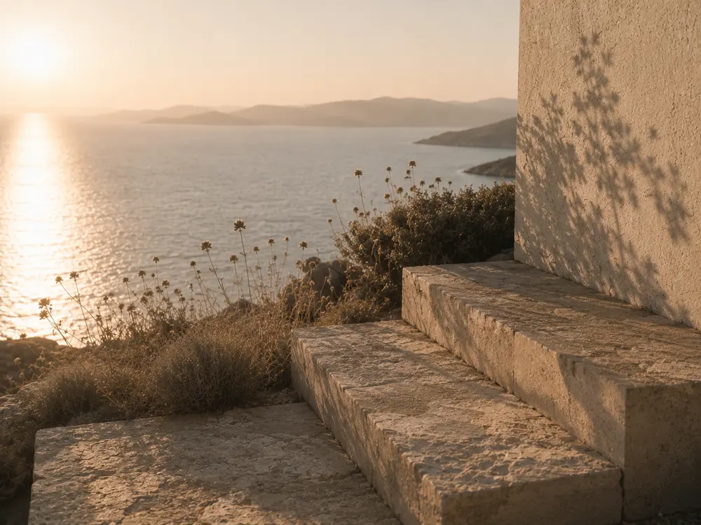 Stone steps beside a plaster wall above the sea at low evening sun