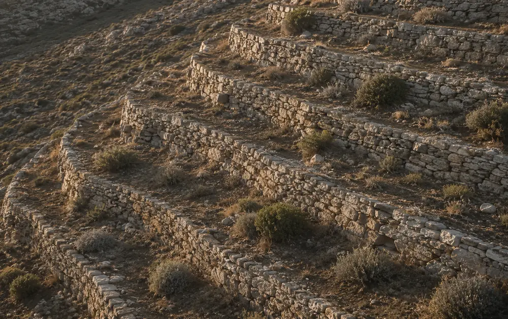 Dry-stone terrace walls stepping down a hillside in raking light