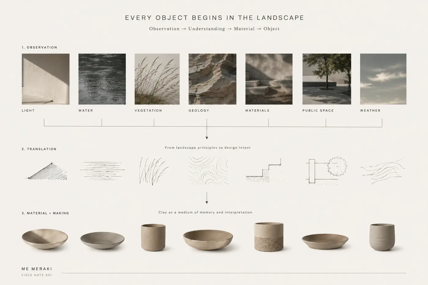 Diagram of the Me Meraki process: observation of light, water, vegetation, geology, materials, public space and weather; translation into sketches; and clay as a medium of memory and interpretation
