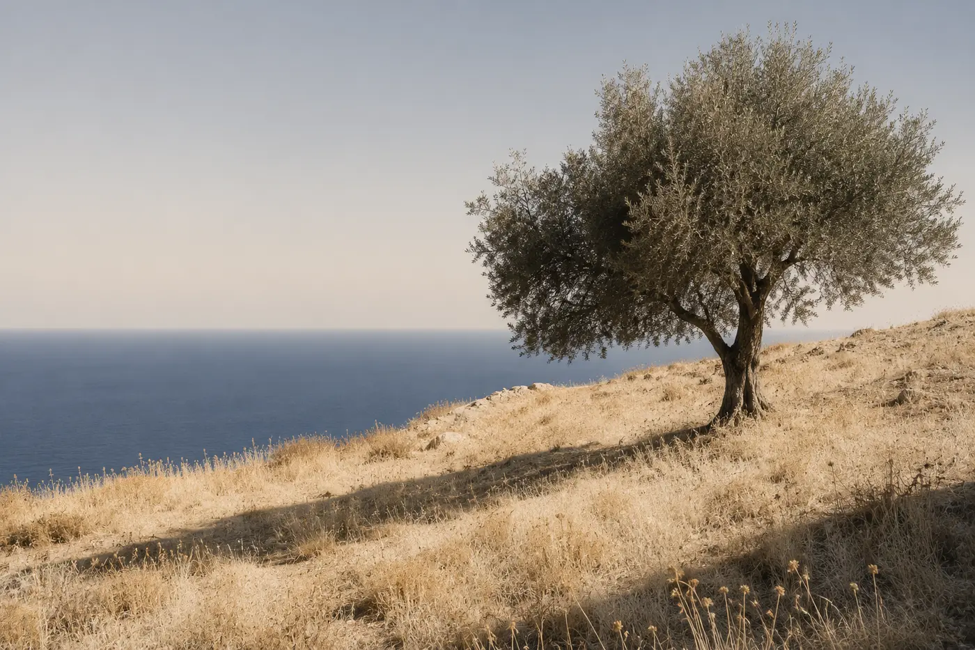 A single olive tree on a dry, straw-coloured hillside above a deep blue sea