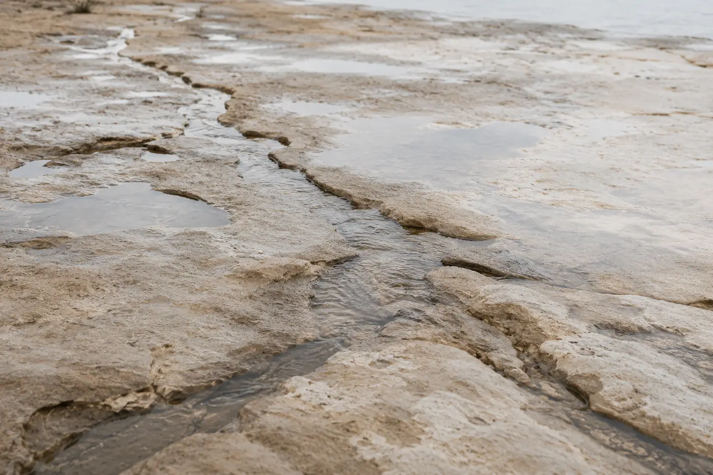 Rainwater flowing in thin rivulets across a pale limestone pavement