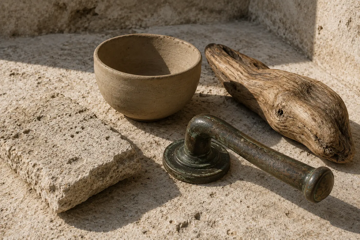 A clay bowl, weathered limestone, silvered olive wood and a patinated bronze handle in the same light