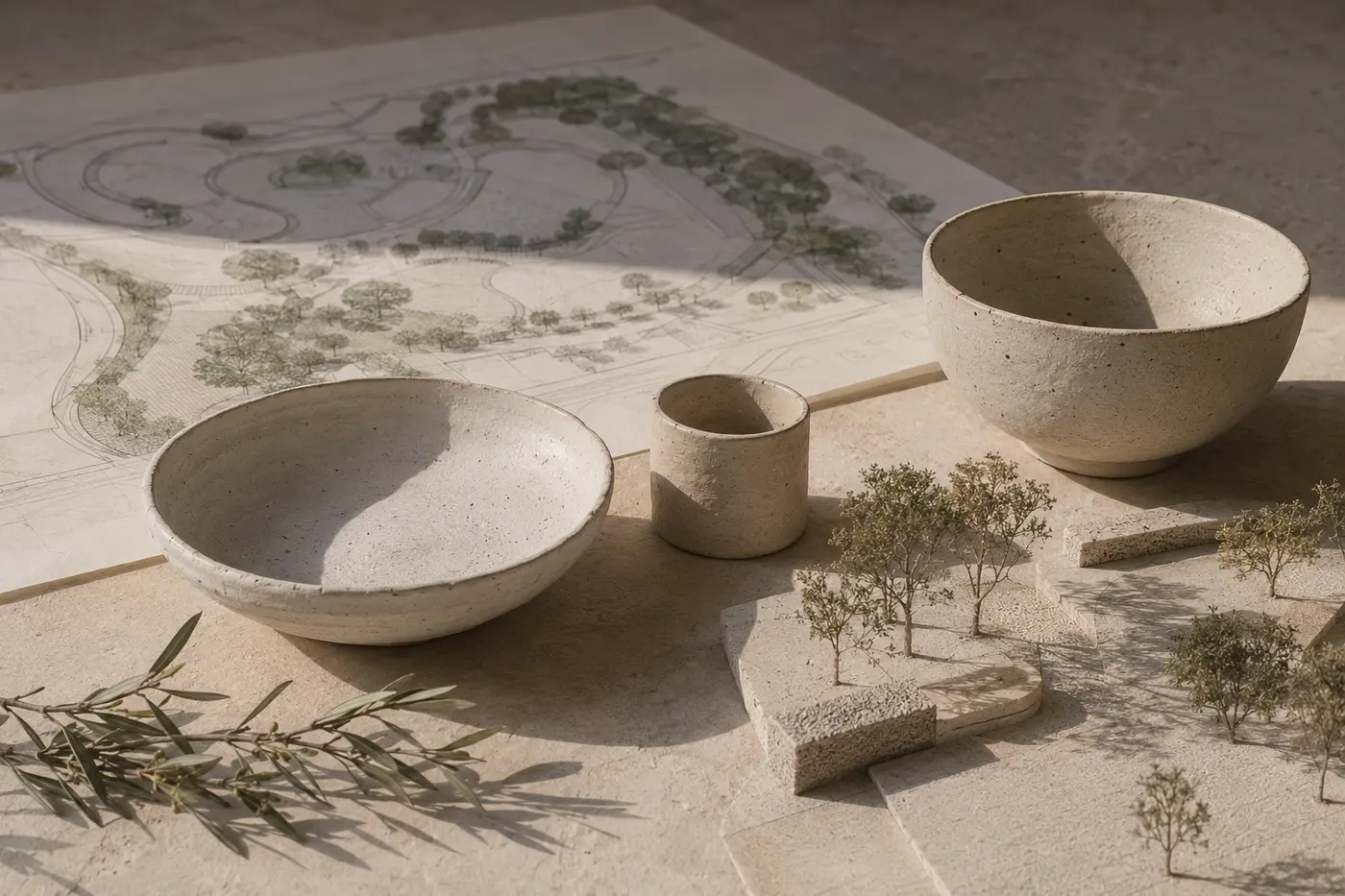 Ceramic bowls beside a landscape plan and a site model with miniature trees