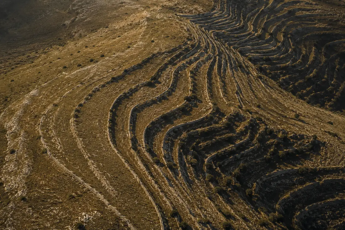 Aerial view of ancient agricultural terraces wrapping a hillside at sunrise