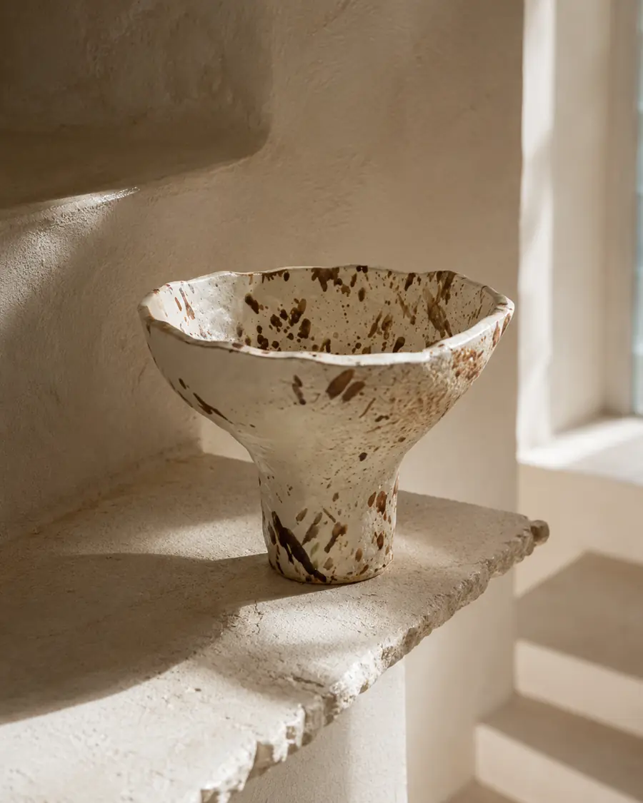 Footed bowl in white clay with warm brown splatter glaze