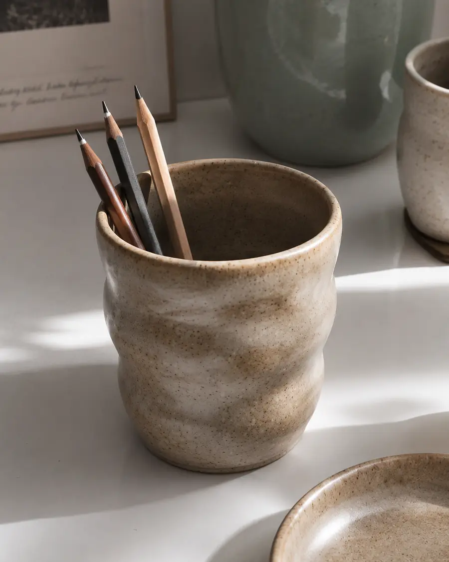 Softly ribbed cup in warm beige, holding pencils