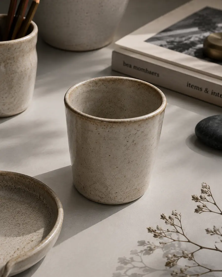 Speckled cream cup on a work table