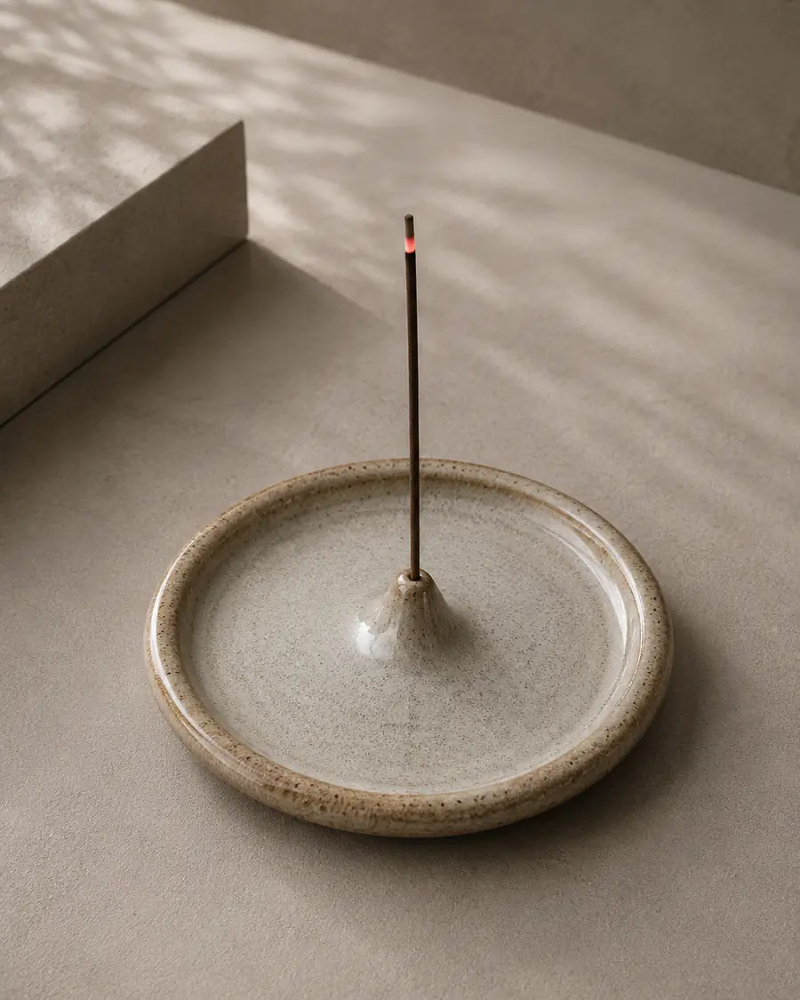 Speckled incense dish holding a burning stick