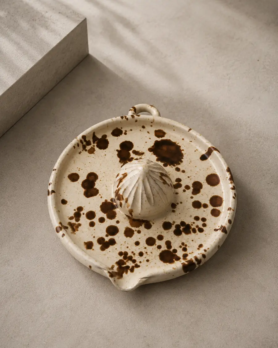 Splatter-glazed citrus press with a pouring spout