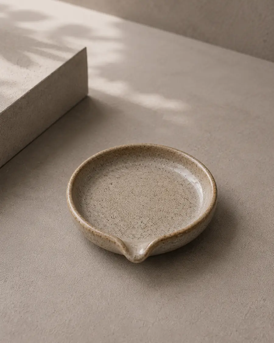 Speckled spoon rest with a soft pouring lip