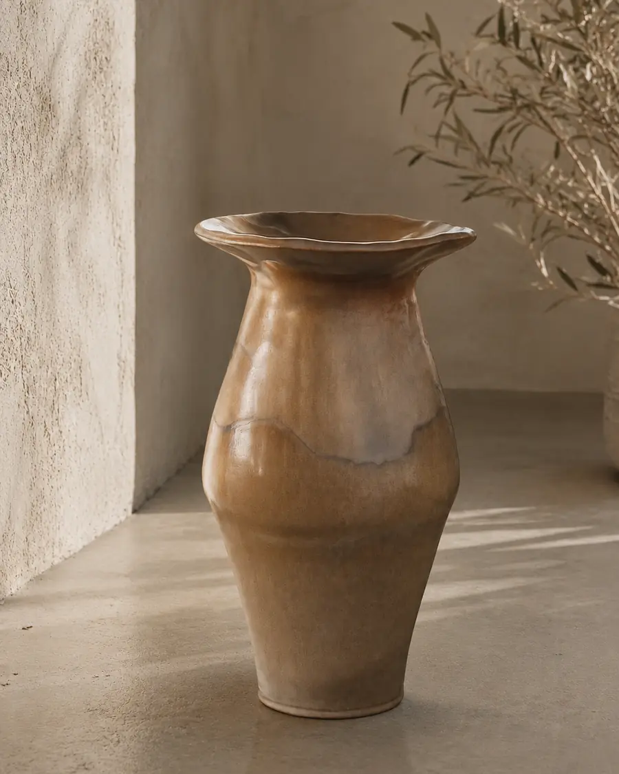Tall amber vase with a ruffled rim, beside an olive branch