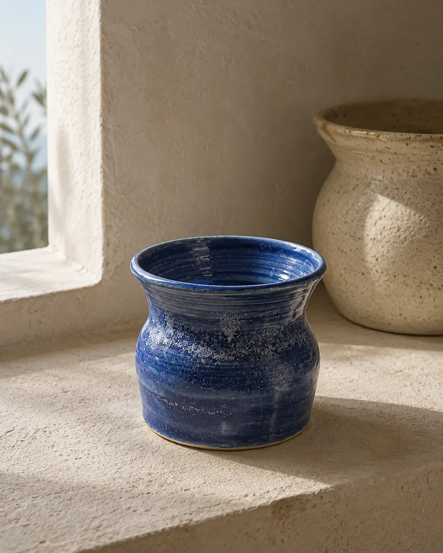 Deep blue speckled vessel with a flared rim