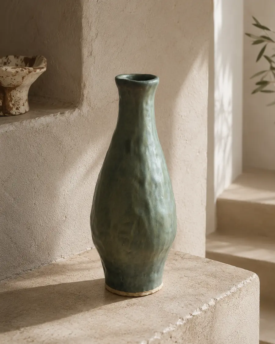 Green bottle-shaped vase with a hand-pinched surface
