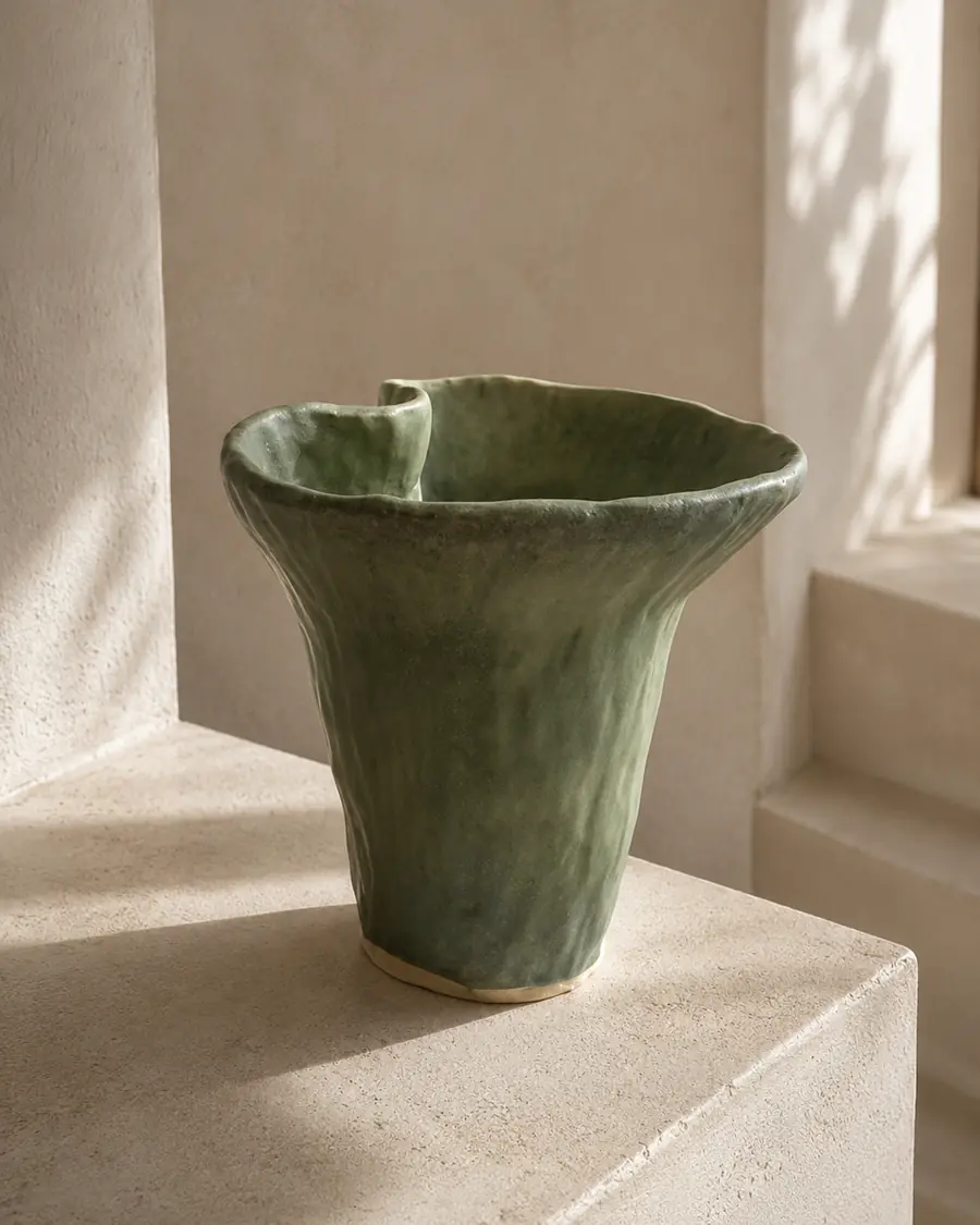 Green vase with a folded, ruffled rim on a stone plinth