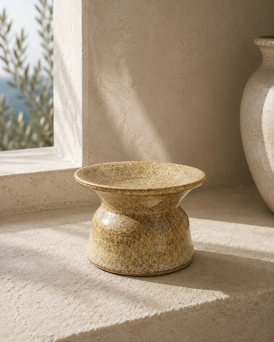 Speckled sand-toned pedestal dish on a stone window sill