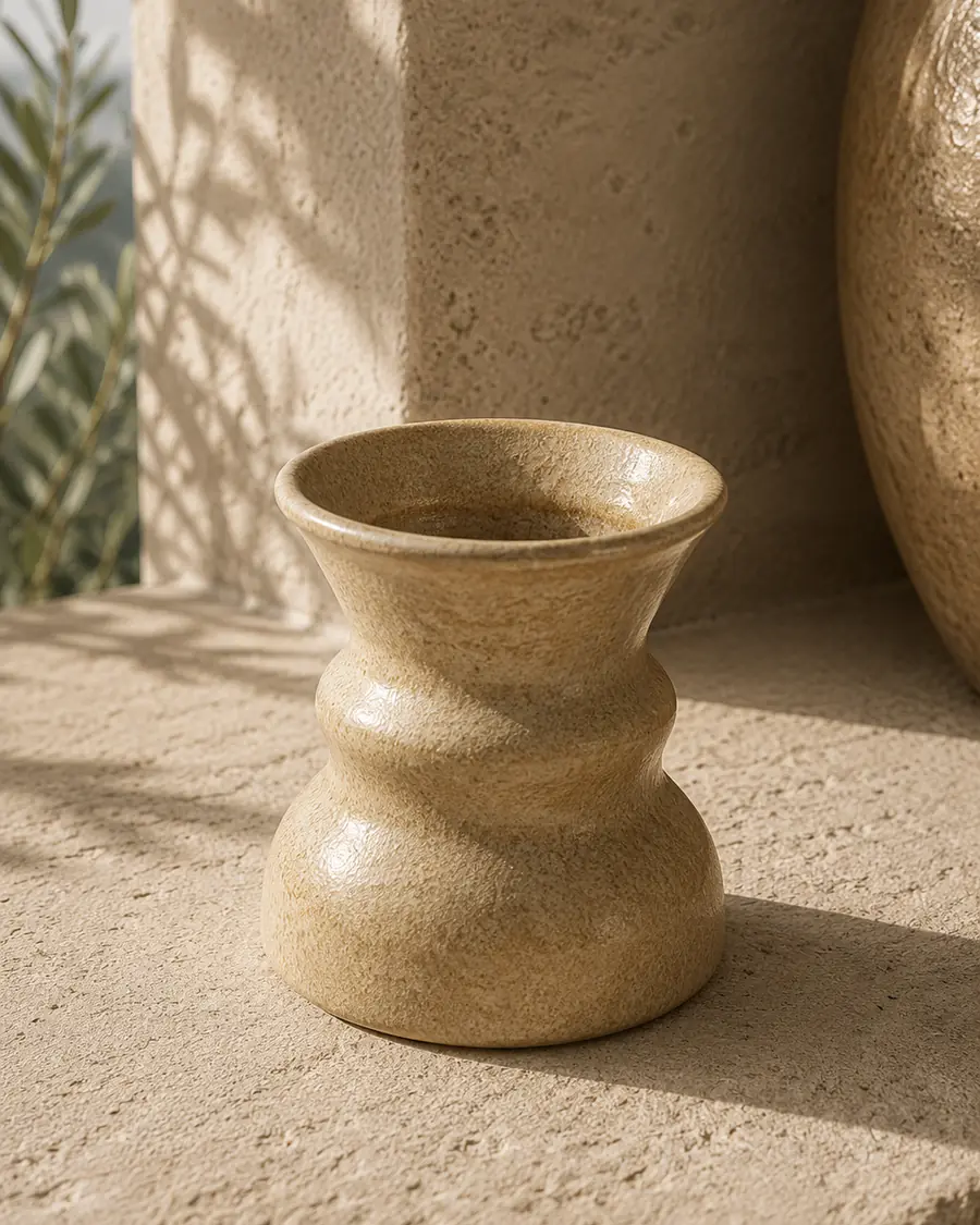 Sand-toned vase with an hourglass profile