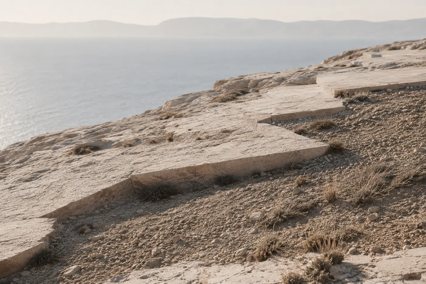 Stepped limestone rock plates descending a coastal slope like natural contour terraces